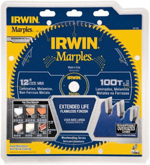 Irwin - 12" Diam, 1" Arbor Hole Diam, 100 Tooth Wet & Dry Cut Saw Blade - Carbide-Tipped, Finishing Action, Standard Round Arbor - Exact Tooling