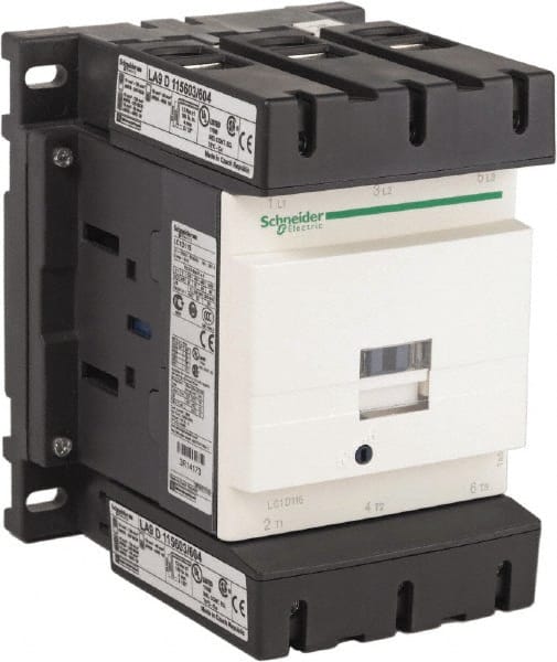 Schneider Electric - 3 Pole, 120 Coil VAC at 50/60 Hz, 115 Amp at 440 VAC, Nonreversible IEC Contactor - Bureau Veritas, CCC, CSA, CSA C22.2 No. 14, DNV, EN/IEC 60947-4-1, EN/IEC 60947-5-1, GL, GOST, LROS, RINA, RoHS Compliant, UL 508, UL Listed - Exact Tooling