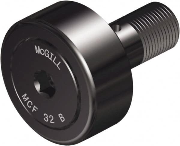 McGill - 32mm Roller Diam x 14mm Width, 12mm Stud Diam x 25mm Length, Crowned Sealed Stud Cam Follower with Hex - Steel, 14mm Thread Length, M12x1.5 Thread, 40mm OAL, 2,491 Lb Dynamic Cap, 3,440 Lb Static Cap - Exact Tooling