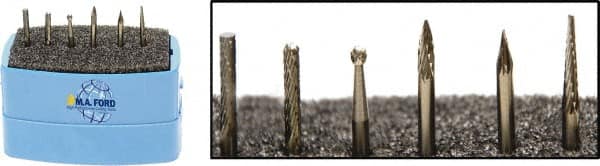 M.A. Ford - 6 Piece, 3mm Shank Burr Set - Solid Carbide, Multiple Head Shapes, 3° Included Angle - Exact Tooling