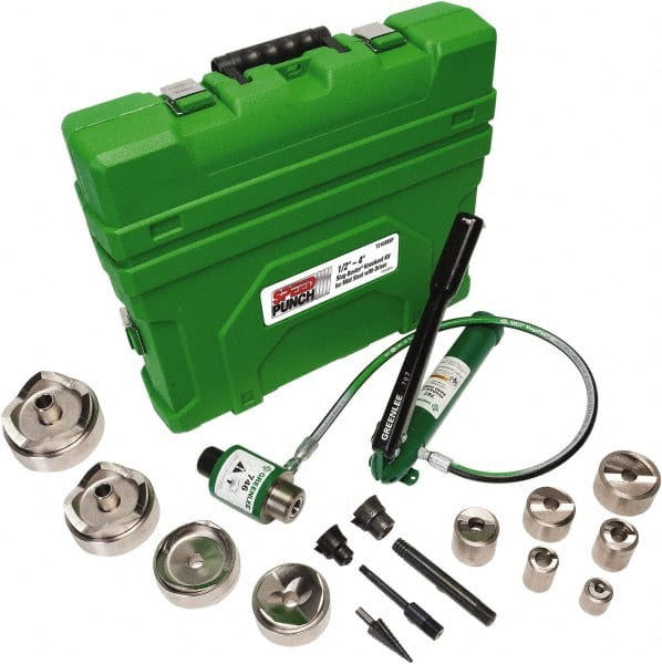 Greenlee - 18 Piece, 0.885 to 4.544" Punch Hole Diam, Power Knockout Set - Round Punch, 10 Gage Mild Steel - Exact Tooling