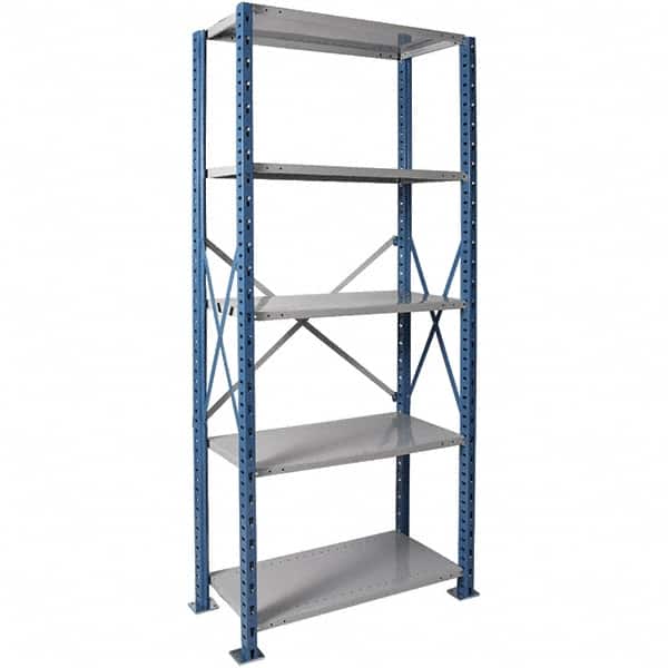 Hallowell - 5 Shelf Starter Heavy-Duty Open Steel Shelving - 800 Lb Capacity, 36" Wide x 87" High x 24" Deep, Blue/Platinum - Exact Tooling