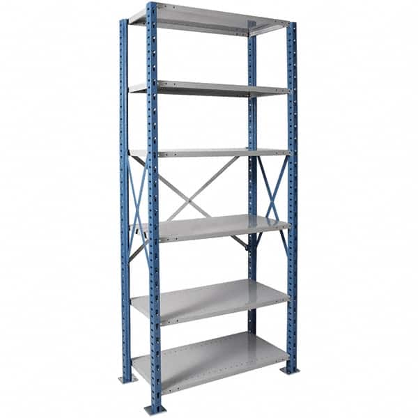 Hallowell - 6 Shelf Starter Heavy-Duty Open Steel Shelving - 800 Lb Capacity, 36" Wide x 87" High x 24" Deep, Blue/Platinum - Exact Tooling