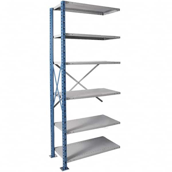 Hallowell - 6 Shelf Add-On Heavy-Duty Open Steel Shelving - 800 Lb Capacity, 36" Wide x 87" High x 18" Deep, Blue/Platinum - Exact Tooling