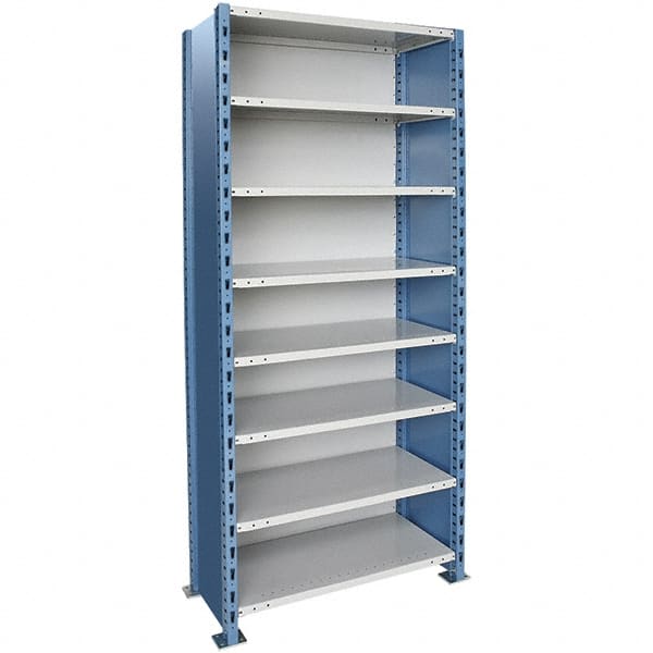 Hallowell - 8 Shelf, 900 Lb. Capacity, Closed Shelving Starter Unit - 48 Inch Wide x 18 Inch Deep x 87 Inch High, Blue and Platinum - Exact Tooling