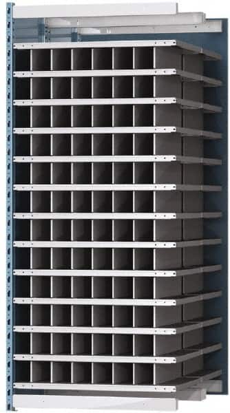 Hallowell - 96 Bin Heavy-Duty Deep Bin Industrial Shelving - 36 Inch Overall Width x 48 Inch Overall Depth x 87 Inch Overall Height, Blue and Platinum Steel Bins - Exact Tooling