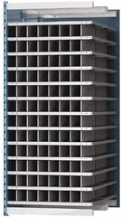 Hallowell - 96 Bin Heavy-Duty Deep Bin Industrial Shelving - 36 Inch Overall Width x 48 Inch Overall Depth x 87 Inch Overall Height, Blue and Platinum Steel Bins - Exact Tooling