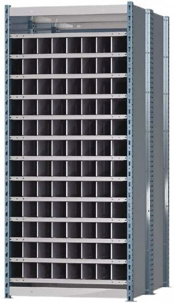 Hallowell - 96 Bin Heavy-Duty Deep Bin Industrial Shelving - 36 Inch Overall Width x 48 Inch Overall Depth x 87 Inch Overall Height, Blue and Platinum Steel Bins - Exact Tooling