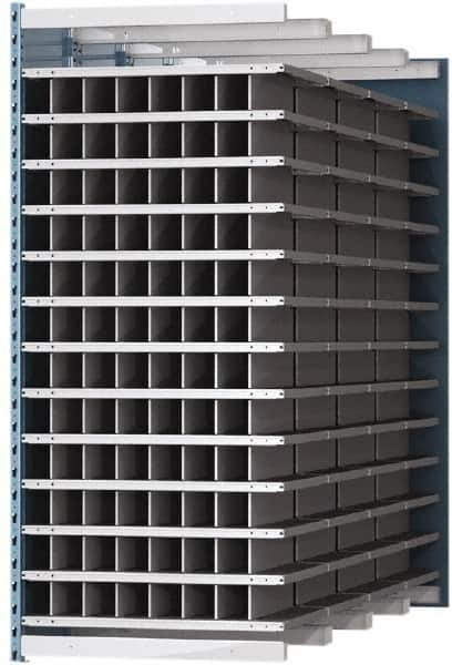 Hallowell - 96 Bin Heavy-Duty Deep Bin Industrial Shelving - 36 Inch Overall Width x 96 Inch Overall Depth x 87 Inch Overall Height, Blue and Platinum Steel Bins - Exact Tooling