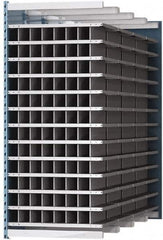 Hallowell - 96 Bin Heavy-Duty Deep Bin Industrial Shelving - 36 Inch Overall Width x 96 Inch Overall Depth x 87 Inch Overall Height, Blue and Platinum Steel Bins - Exact Tooling