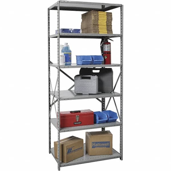 Hallowell - 6 Shelf Starter Medium-Duty Open Steel Shelving - 500 Lb Capacity, 36" Wide x 87" High x 18" Deep, Gray - Exact Tooling
