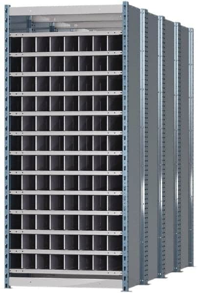 Hallowell - 96 Bin Heavy-Duty Deep Bin Industrial Shelving - 36 Inch Overall Width x 96 Inch Overall Depth x 87 Inch Overall Height, Blue and Platinum Steel Bins - Exact Tooling