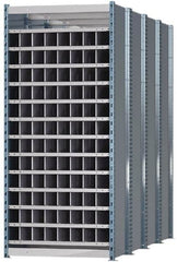 Hallowell - 96 Bin Heavy-Duty Deep Bin Industrial Shelving - 36 Inch Overall Width x 96 Inch Overall Depth x 87 Inch Overall Height, Blue and Platinum Steel Bins - Exact Tooling