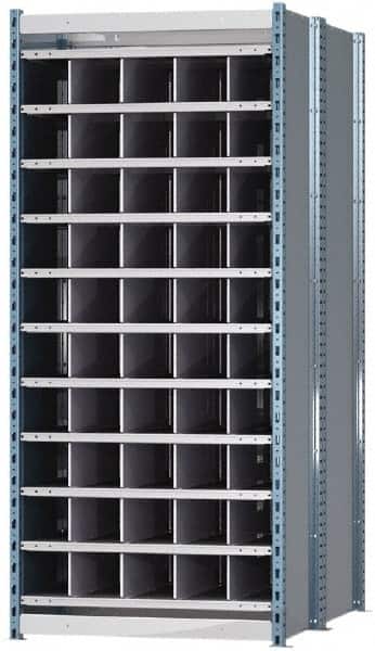 Hallowell - 50 Bin Heavy-Duty Deep Bin Industrial Shelving - 36 Inch Overall Width x 48 Inch Overall Depth x 87 Inch Overall Height, Blue and Platinum Steel Bins - Exact Tooling
