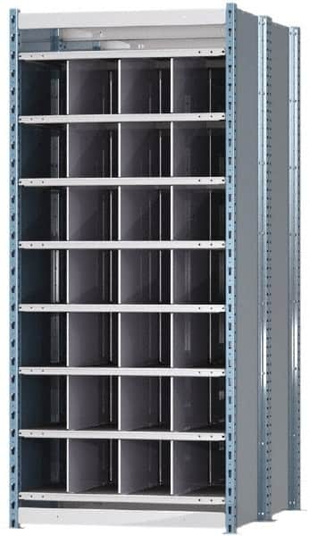 Hallowell - 28 Bin Heavy-Duty Deep Bin Industrial Shelving - 36 Inch Overall Width x 48 Inch Overall Depth x 87 Inch Overall Height, Blue and Platinum Steel Bins - Exact Tooling