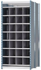 Hallowell - 28 Bin Heavy-Duty Deep Bin Industrial Shelving - 36 Inch Overall Width x 48 Inch Overall Depth x 87 Inch Overall Height, Blue and Platinum Steel Bins - Exact Tooling