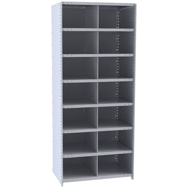 Hallowell - 14 Bin Closed Industrial Bin Shelving - 36 Inch Overall Width x 12 Inch Overall Depth x 87 Inch Overall Height, Gray Metal Bins - Exact Tooling