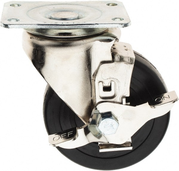 E.R. Wagner - 4" Diam x 1-1/4" Wide x 5-1/8" OAH Top Plate Mount Swivel Caster with Brake - Soft Rubber, 165 Lb Capacity, Delrin Bearing, 2-3/4 x 3-3/4" Plate - Exact Tooling