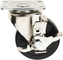 E.R. Wagner - 4" Diam x 1-1/4" Wide x 5-1/8" OAH Top Plate Mount Swivel Caster with Brake - Soft Rubber, 165 Lb Capacity, Delrin Bearing, 2-3/4 x 3-3/4" Plate - Exact Tooling