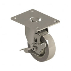 E.R. Wagner - 4" Diam x 1-1/4" Wide x 5-1/8" OAH Top Plate Mount Swivel Caster with Brake - TPR, 275 Lb Capacity, Precision Ball Bearing, 4 x 5" Plate - Exact Tooling