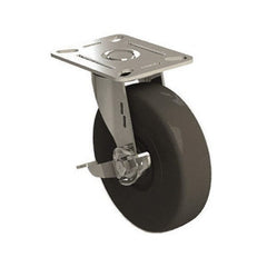 E.R. Wagner - 5" Diam x 1-1/4" Wide x 5-5/8" OAH Top Plate Mount Swivel Caster with Brake - Soft Rubber, 190 Lb Capacity, 3-1/8 x 4-1/8" Plate - Exact Tooling