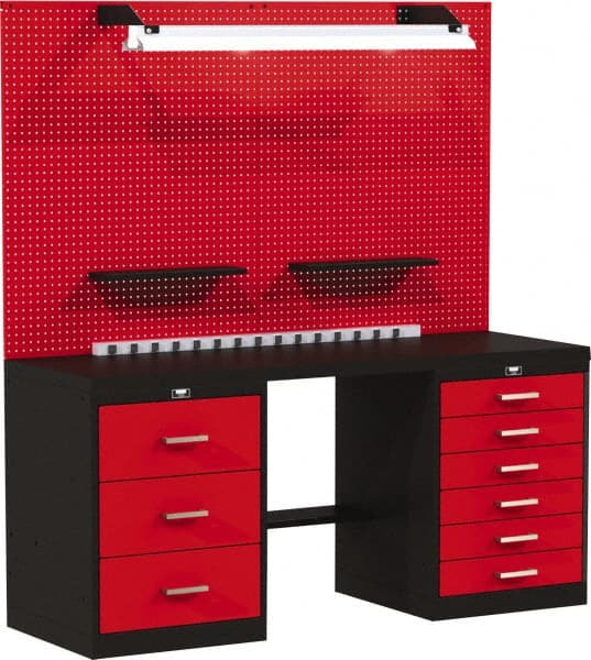 Hallowell - 72 Wide x 24" Deep x 78" High, Steel Workbench - Flat Top, Black/Red - Exact Tooling