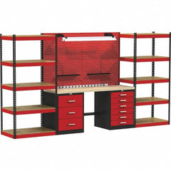 Hallowell - 132 Wide x 24" Deep x 78" High, Wood Workbench - Flat Top, Black/Red - Exact Tooling