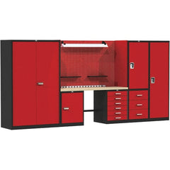 Hallowell - 132 Wide x 24" Deep x 78" High, Wood Workbench - Flat Top, Black/Red - Exact Tooling