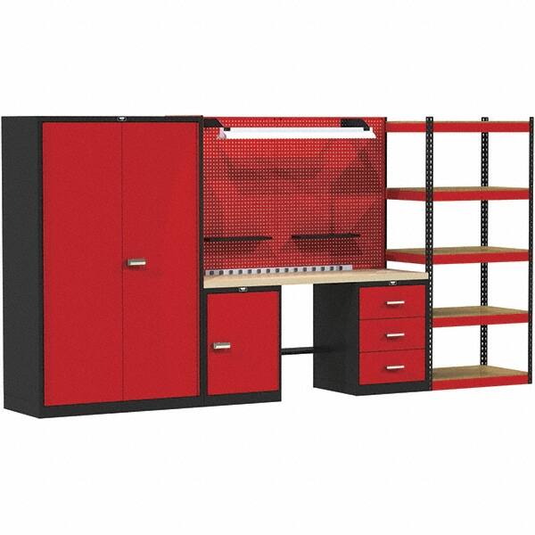 Hallowell - 132 Wide x 24" Deep x 78" High, Wood Workbench - Flat Top, Black/Red - Exact Tooling