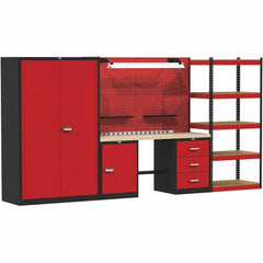 Hallowell - 132 Wide x 24" Deep x 78" High, Wood Workbench - Flat Top, Black/Red - Exact Tooling