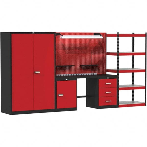 Hallowell - 132 Wide x 24" Deep x 78" High, Steel Workbench - Flat Top, Black/Red - Exact Tooling
