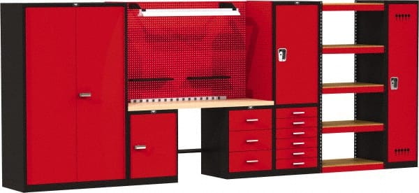 Hallowell - 168 Wide x 24" Deep x 78" High, Wood Workbench - Flat Top, Black/Red - Exact Tooling