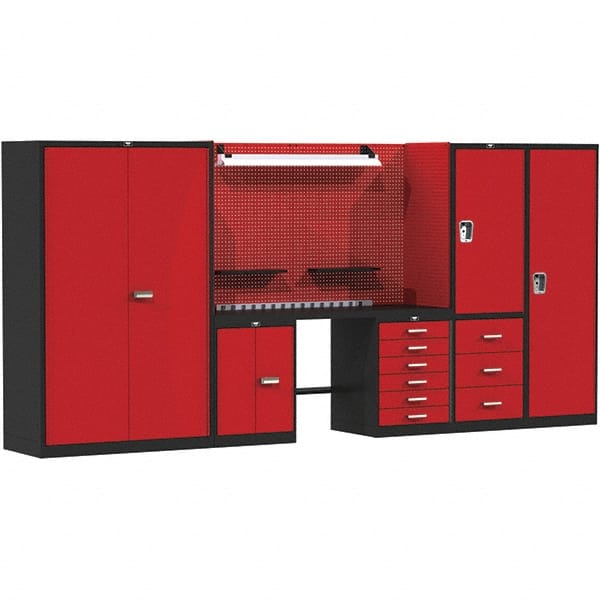 Hallowell - 168 Wide x 24" Deep x 78" High, Steel Workbench - Flat Top, Black/Red - Exact Tooling