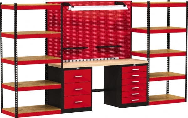 Hallowell - 168 Wide x 24" Deep x 78" High, Wood Workbench - Flat Top, Black/Red - Exact Tooling