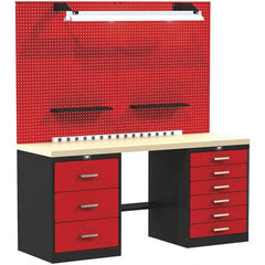 Hallowell - 60 Wide x 24" Deep x 78" High, Wood Workbench - Flat Top, Black/Red - Exact Tooling