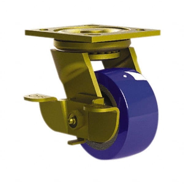 E.R. Wagner - 4" Diam x 2" Wide x 5-5/8" OAH Top Plate Mount Swivel Caster with Brake - Mold on Polyurethane, 750 Lb Capacity, Roller Bearing, 4 x 4-1/2" Plate - Exact Tooling