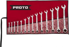 Proto - 14 Piece, 6mm to 19mm, Ratcheting Combination Wrench Set - Metric Measurement Standard, Full Polish Finish, Comes in Pouch - Exact Tooling