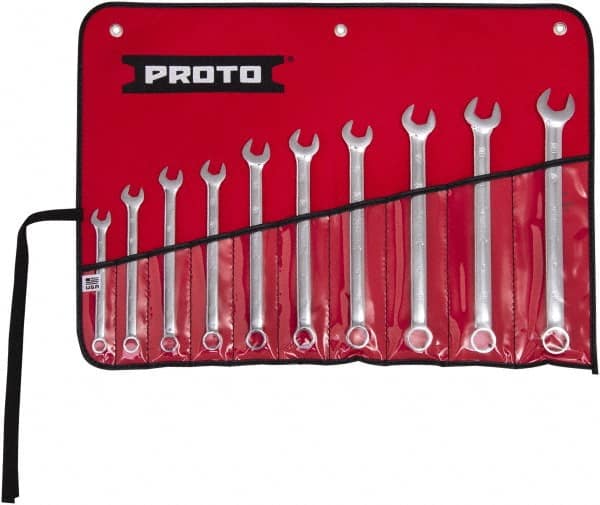 Proto - 10 Piece, 10mm to 19mm, 6 Point Combination Wrench Set - Metric Measurement Standard, Full Polish Finish, Comes in Tool Roll - Exact Tooling