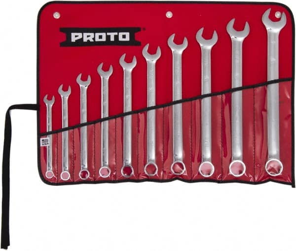 Proto - 10 Piece, 7/16" to 1", 6 Point Combination Wrench Set - Inch Measurement Standard, Full Polish Finish, Comes in Tool Roll - Exact Tooling