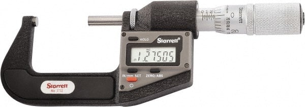 Starrett - 25.4 to 50.8 mm Range, 0.0001" Resolution, Standard Throat, Electronic Outside Micrometer - 0.0001" Accuracy, Friction Thimble, Micro Lapped Carbide Face, CR2450 Battery, Includes 3V Battery - Exact Tooling