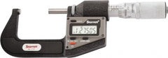 Starrett - 25.4 to 50.8 mm Range, 0.0001" Resolution, Standard Throat, Electronic Outside Micrometer - 0.0001" Accuracy, Friction Thimble, Micro Lapped Carbide Face, CR2450 Battery, Includes 3V Battery - Exact Tooling