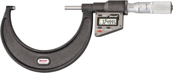Starrett - 76 to 101 mm Range, 0.0001" Resolution, Standard Throat, Electronic Outside Micrometer - 0.0002" Accuracy, Friction Thimble, Micro Lapped Carbide Face, CR2450 Battery, Includes 3V Battery - Exact Tooling