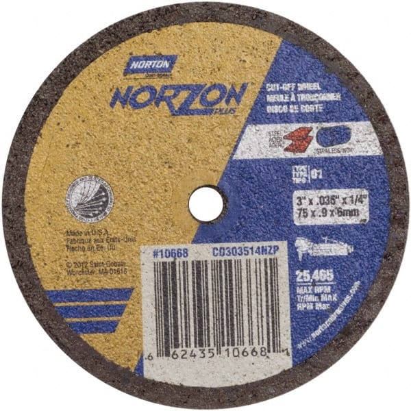 Norton - 3" Ceramic Cutoff Wheel - 0.035" Thick, 1/4" Arbor, Use with Angle Grinders - Exact Tooling