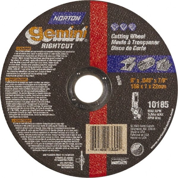 Norton - 6" Aluminum Oxide Cutoff Wheel - 0.045" Thick, 7/8" Arbor, Use with Die Grinders - Exact Tooling