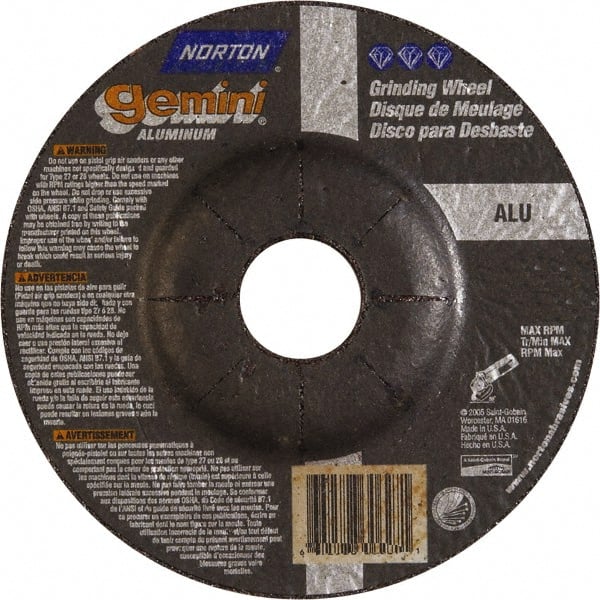Norton - 24 Grit, 5" Wheel Diam, 1/4" Wheel Thickness, 7/8" Arbor Hole, Type 27 Depressed Center Wheel - Aluminum Oxide - Exact Tooling