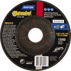 Norton - 60 Grit, 4-1/2" Wheel Diam, 1/8" Wheel Thickness, 7/8" Arbor Hole, Type 27 Depressed Center Wheel - Aluminum Oxide, 12,000 Max RPM - Exact Tooling