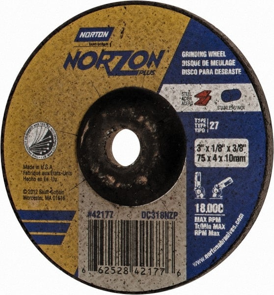Norton - 24 Grit, 3" Wheel Diam, 1/8" Wheel Thickness, 3/8" Arbor Hole, Type 27 Depressed Center Wheel - Ceramic, 18,000 Max RPM - Exact Tooling