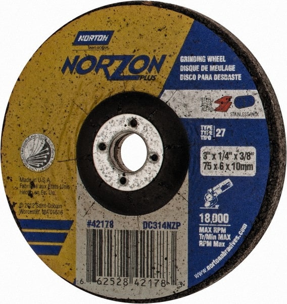 Norton - 24 Grit, 3" Wheel Diam, 1/4" Wheel Thickness, 3/8" Arbor Hole, Type 27 Depressed Center Wheel - Ceramic, 18,000 Max RPM - Exact Tooling