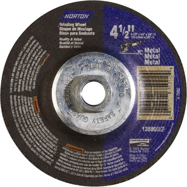 Norton - 24 Grit, 4-1/2" Wheel Diam, 1/4" Wheel Thickness, Type 27 Depressed Center Wheel - Aluminum Oxide - Exact Tooling