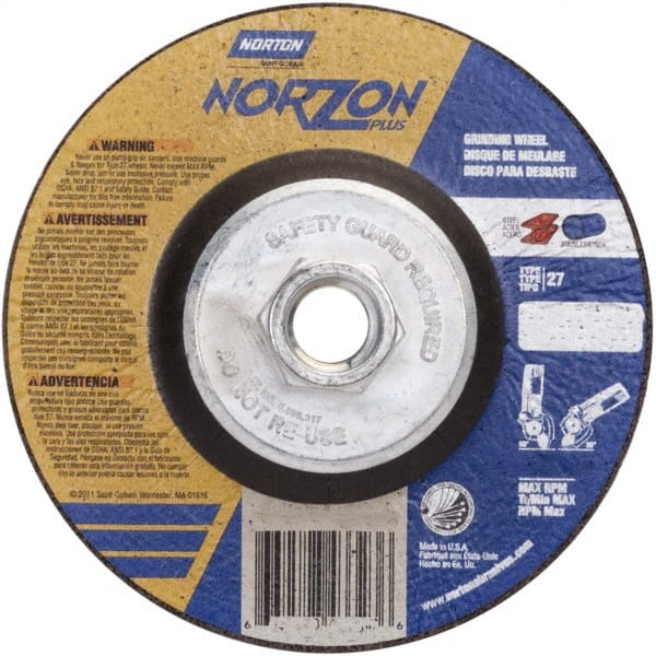 Norton - 24 Grit, 5" Wheel Diam, 1/8" Wheel Thickness, Type 27 Depressed Center Wheel - Ceramic - Exact Tooling